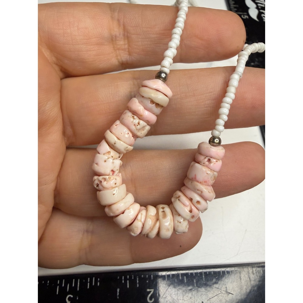 Vintage Pink Shell Heishi Bead Necklace White Seed Beads Barrel Clasp 16 Inch